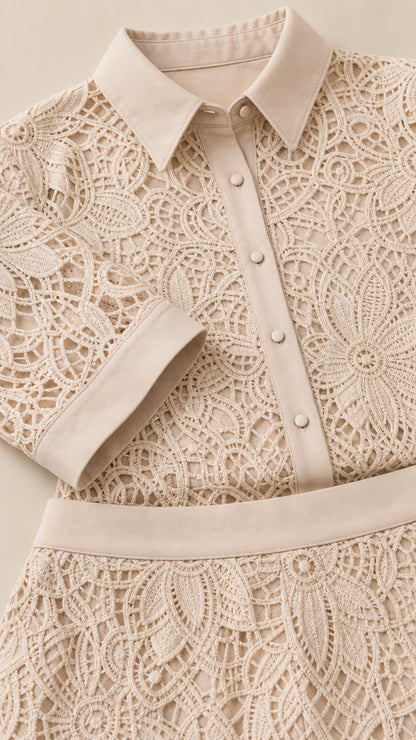 Close-up detail of lace texture, collar, button placket, and waistband on beige set