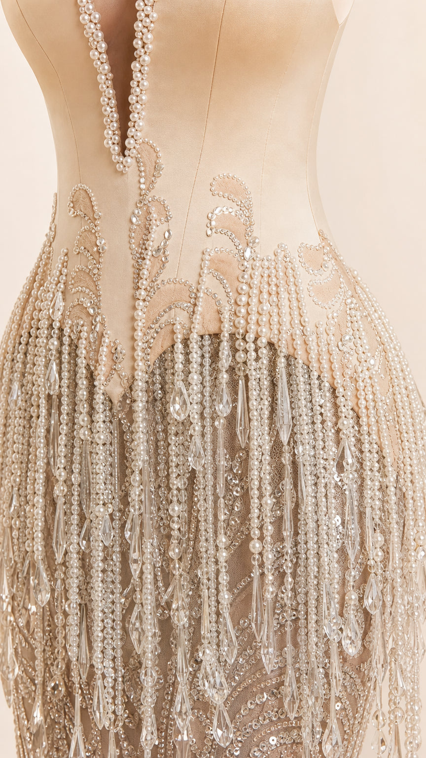 Close-up of bodice, plunging neckline, and beaded fringe detail