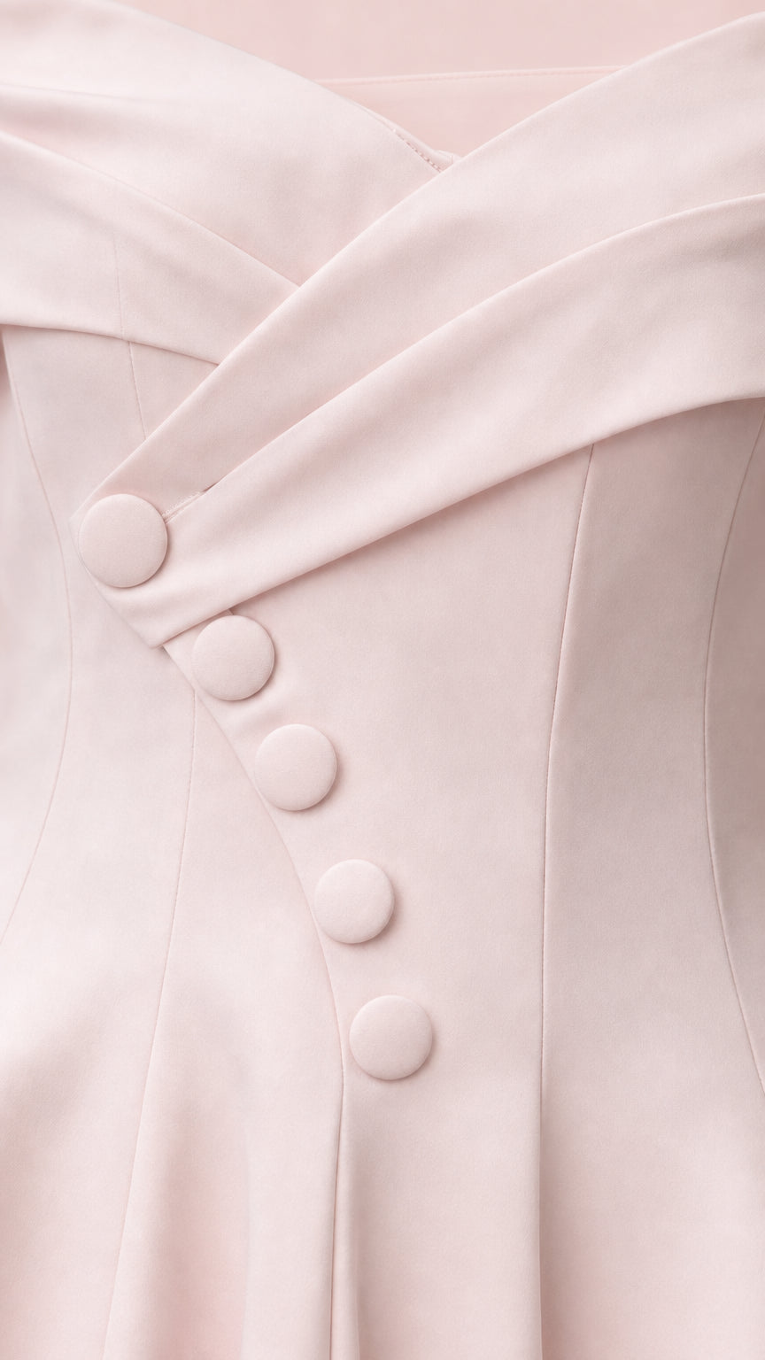 Close-up detail of folded neckline and covered button placket