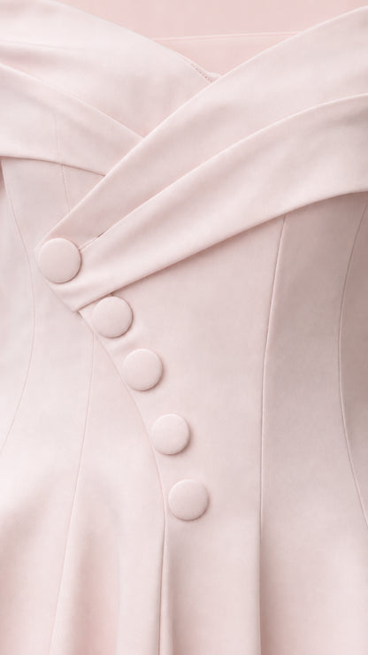 Close-up detail of folded neckline and covered button placket
