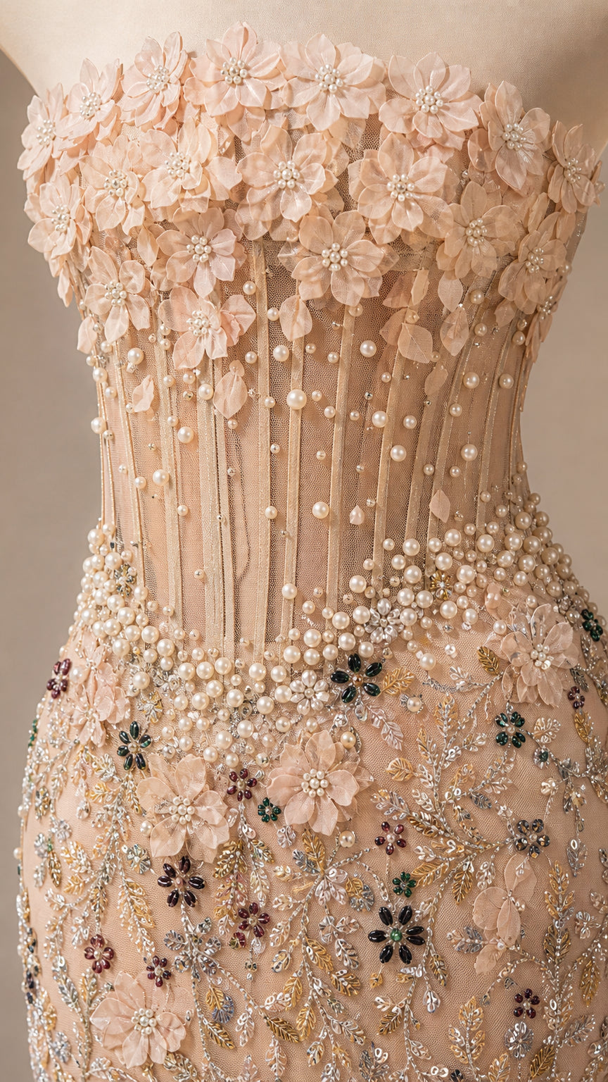 Close-up detail of structured bodice with 3D flowers, pearls, and beadwork