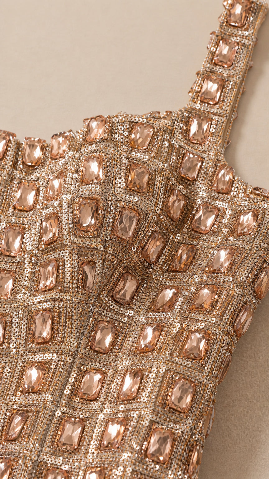 Close-up detail of faceted stone embellishments and wide straps