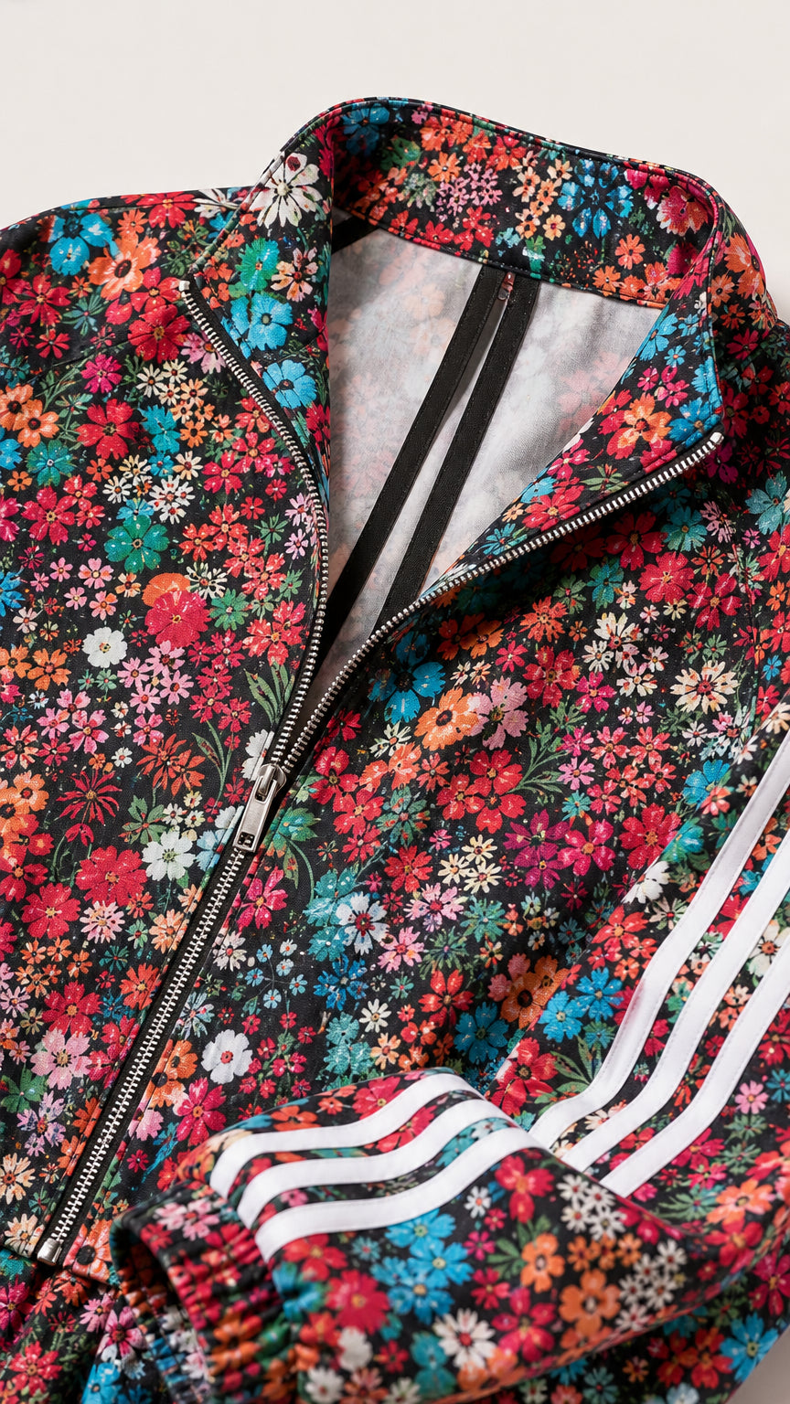 Close-up detail of floral pattern, collar zipper, and striped cuff