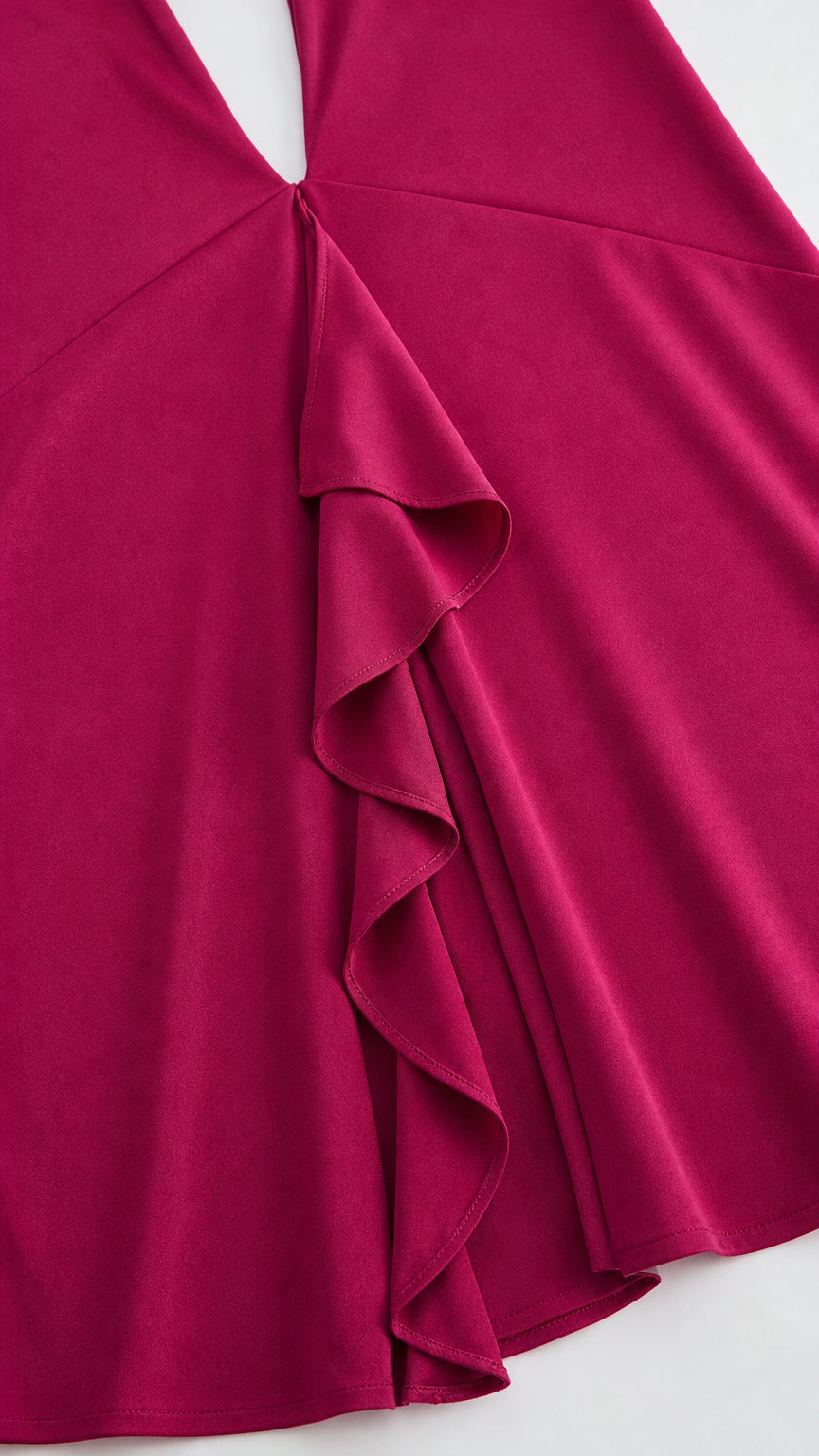 Close-up of front cascade ruffles on magenta dress
