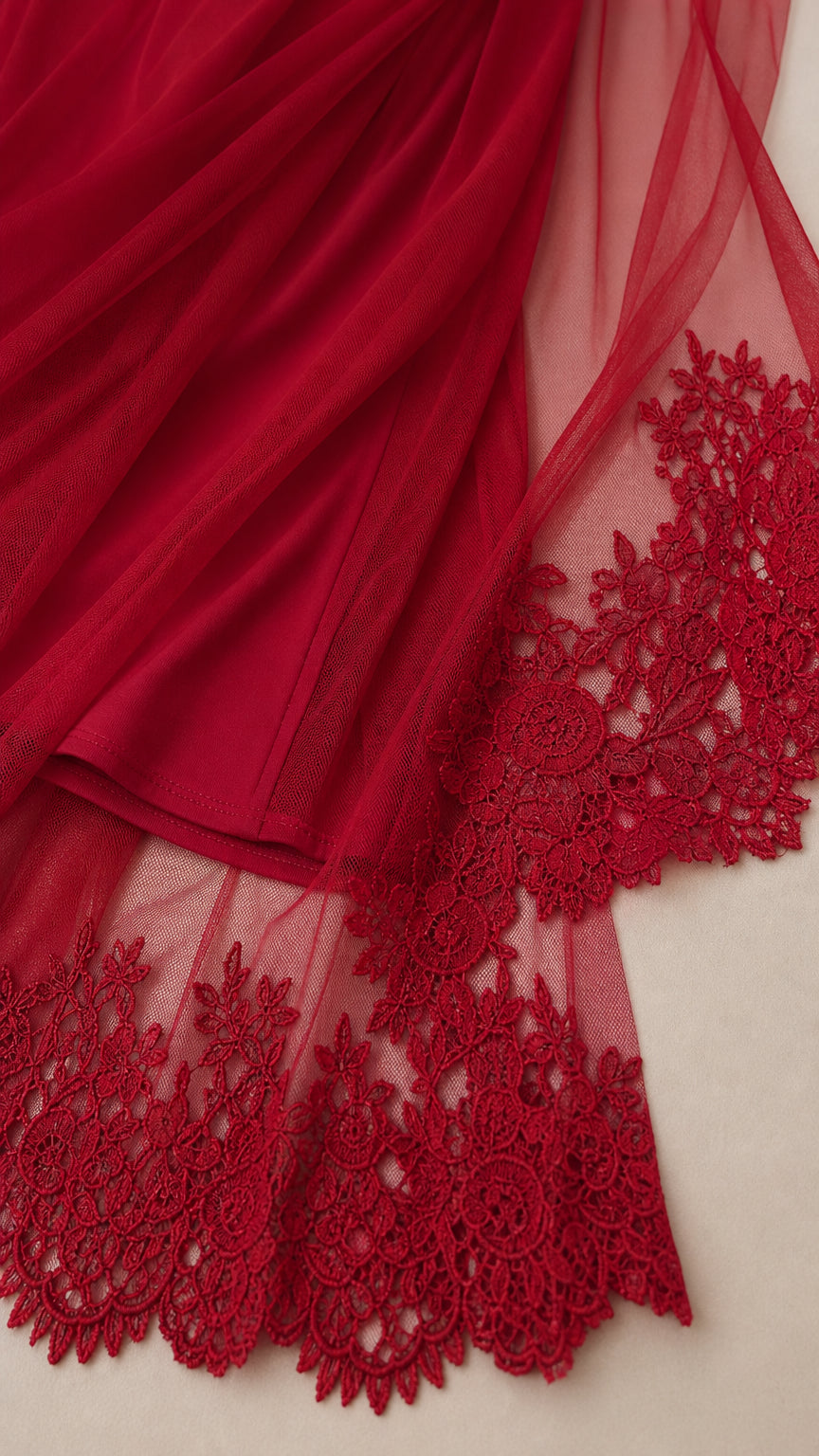Close-up of red lace trim and mesh fabric