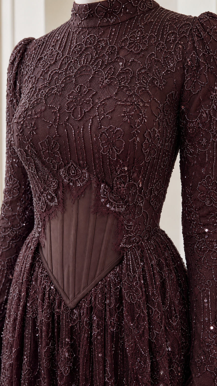 Close-up detail of burgundy beaded embroidery and corset waist panel