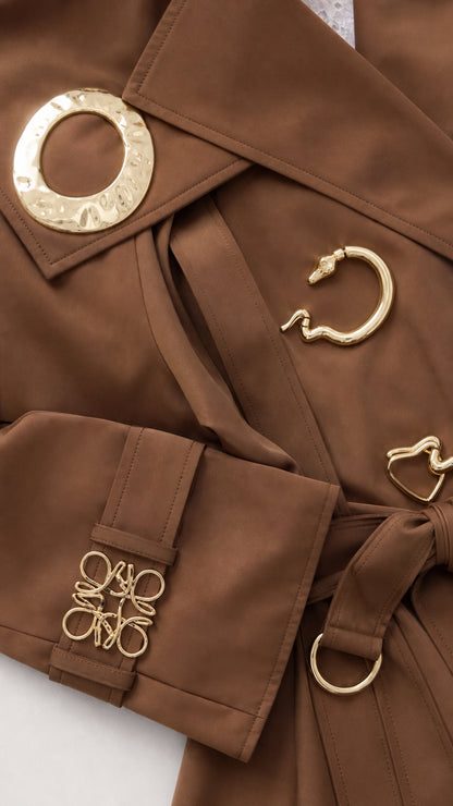 Close-up detail of gold-tone serpentine rings, belt, and cuff hardware on brown fabric