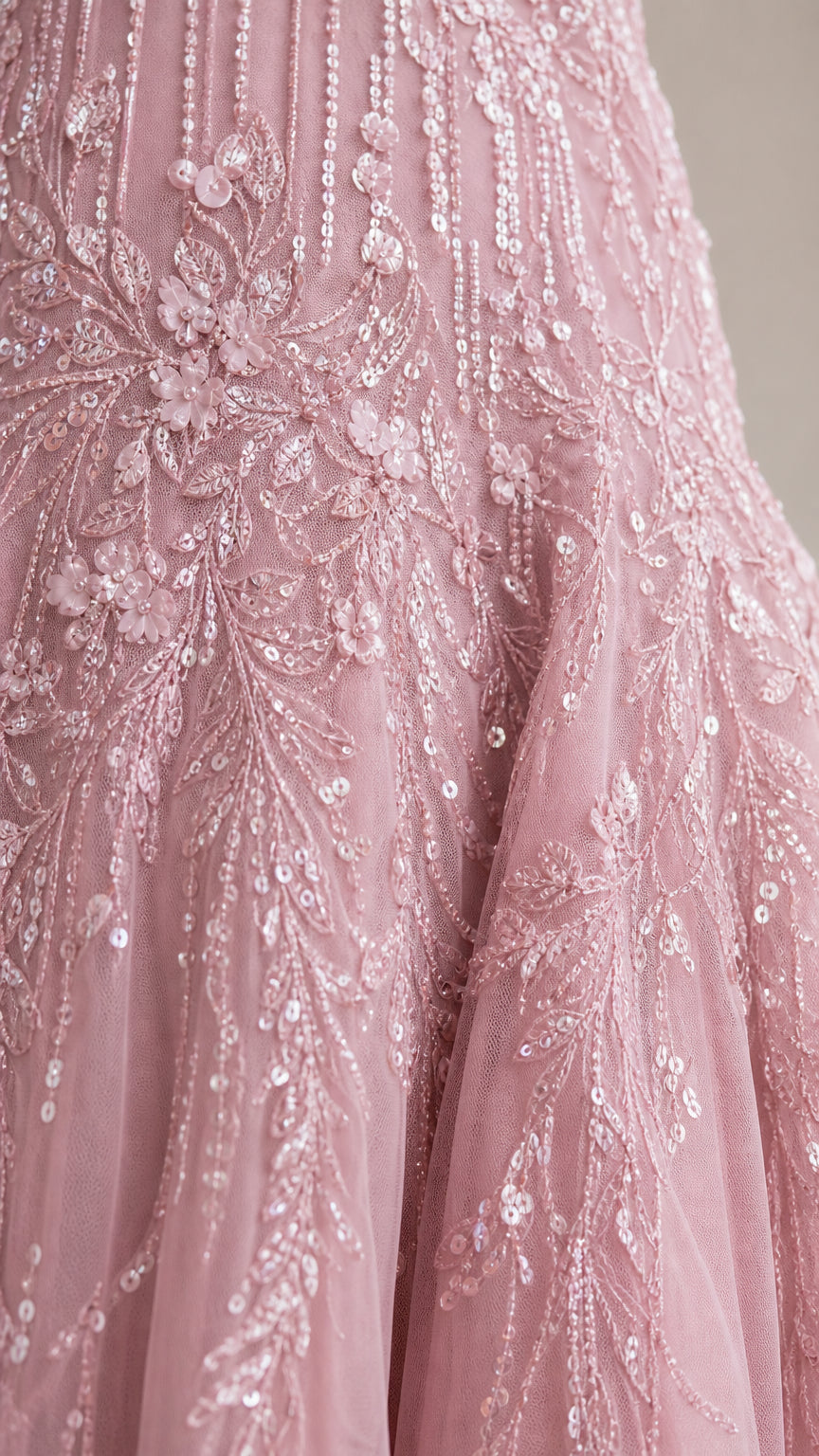 Close-up detail of sequin and floral embroidery on pink tulle