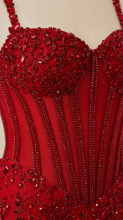 Close-up detail of beaded bodice and sweetheart neckline