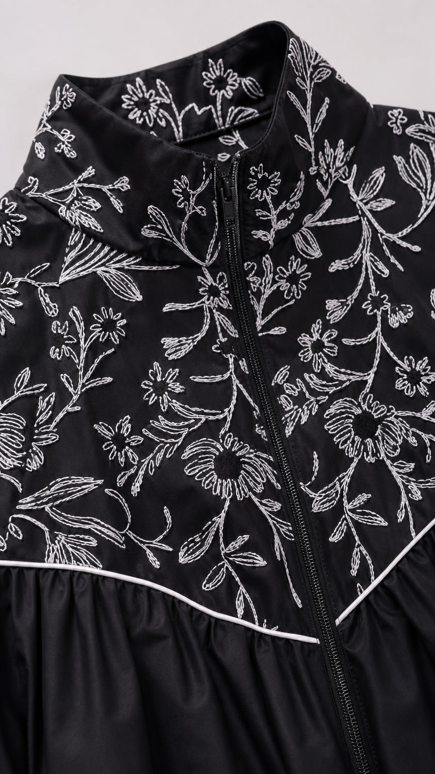 Close up of collar, zipper, and floral embroidery detail on black dress