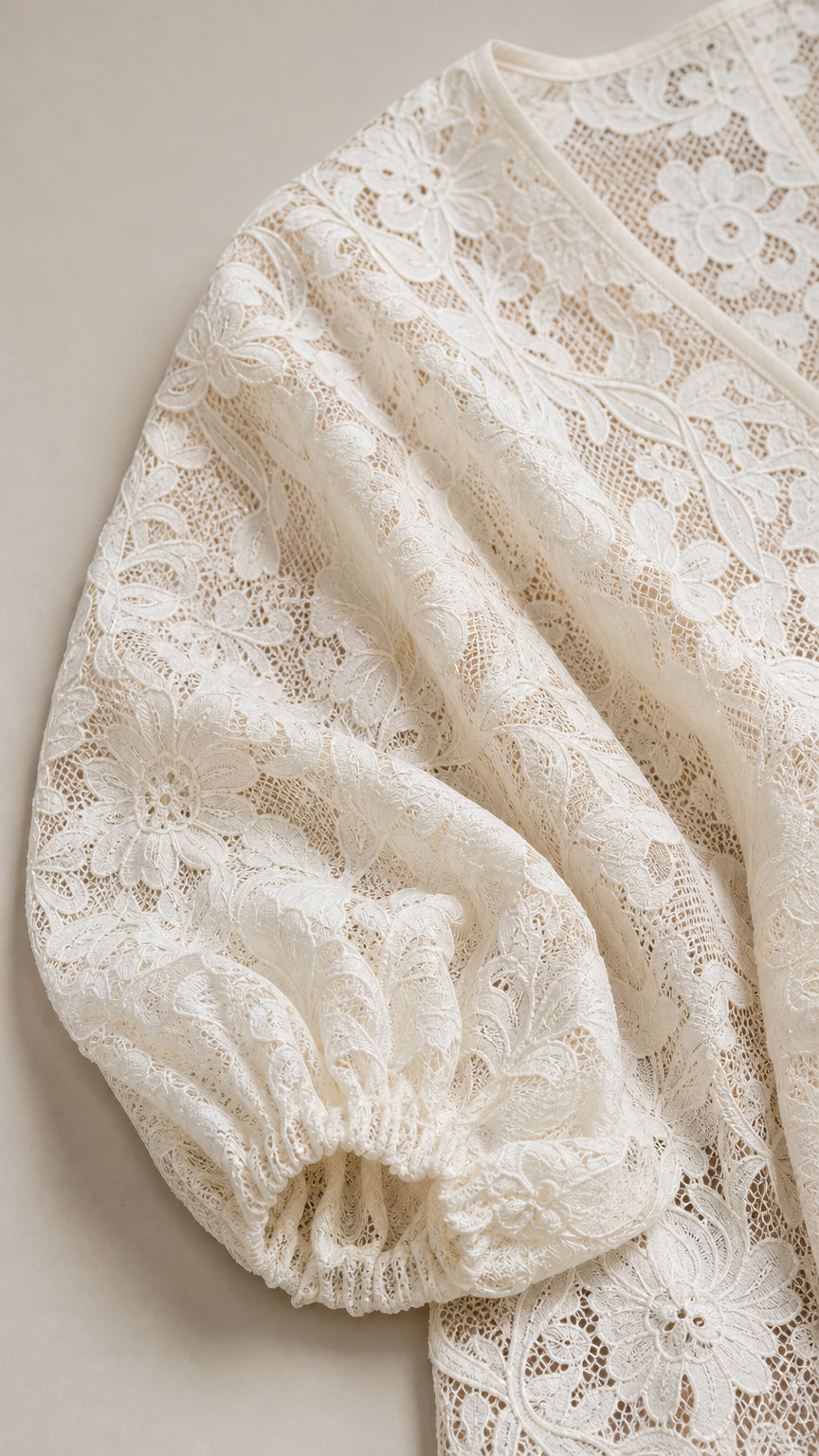 Close-up detail of white floral lace sleeve and fabric texture