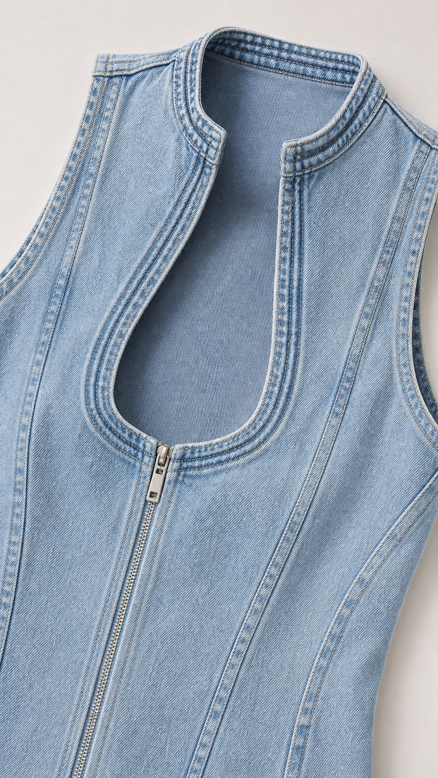 Close-up detail of neckline and zipper on denim dress