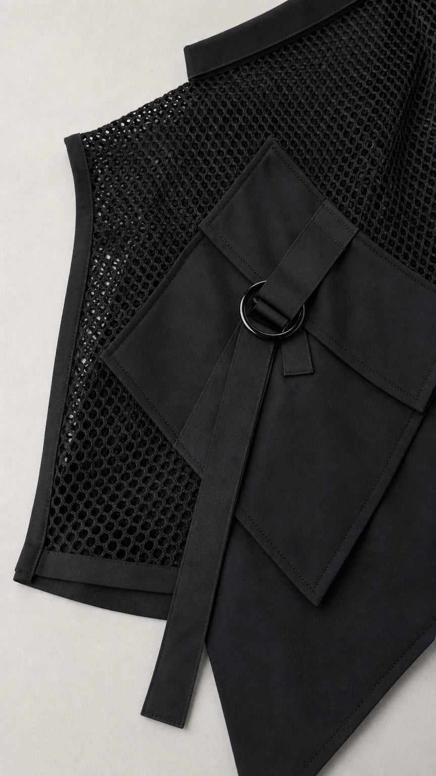 Close-up of black mesh vest showing pocket and D-ring detail