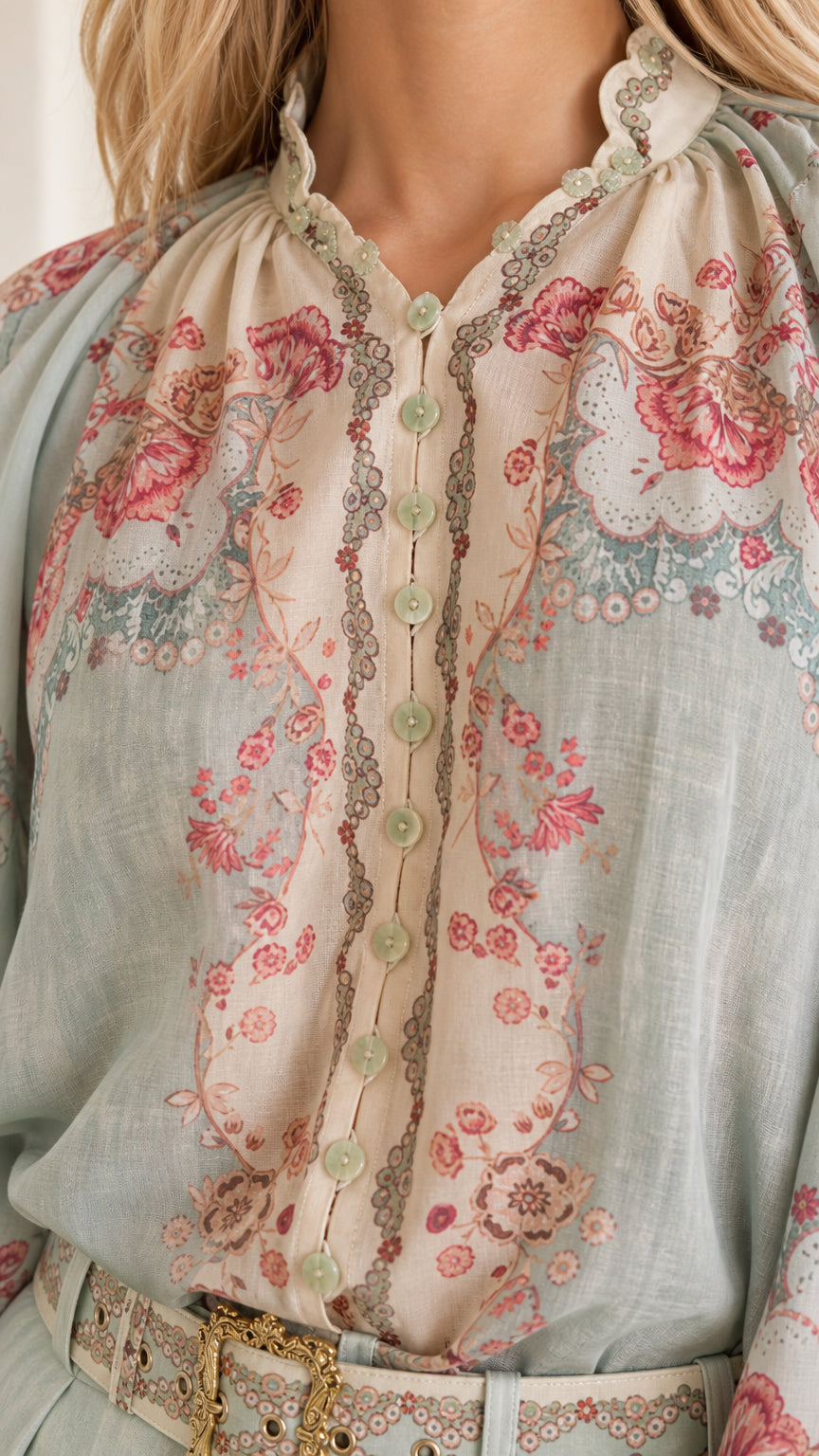 Closeup of button placket and collar detail on light blue set