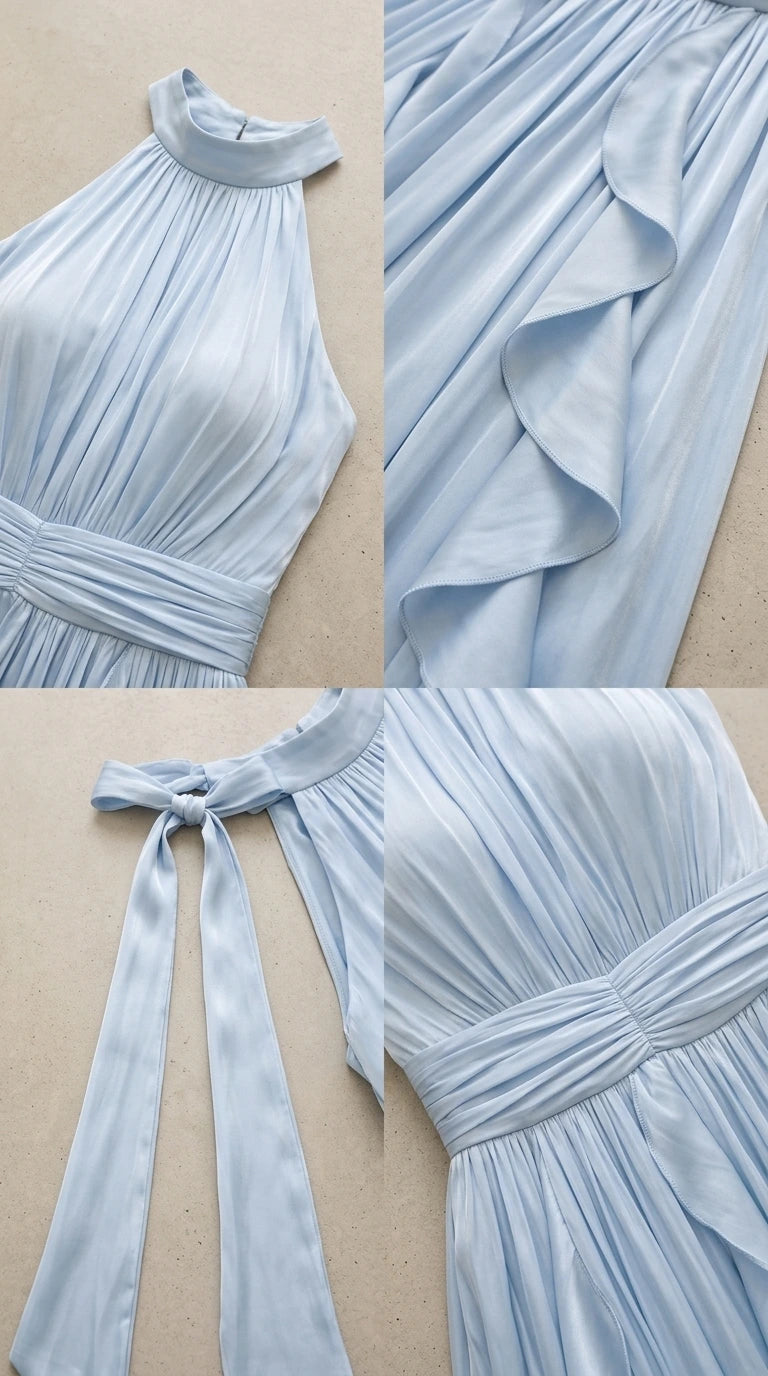 Close-up details of neckline, pleats, ruffles, and back bow