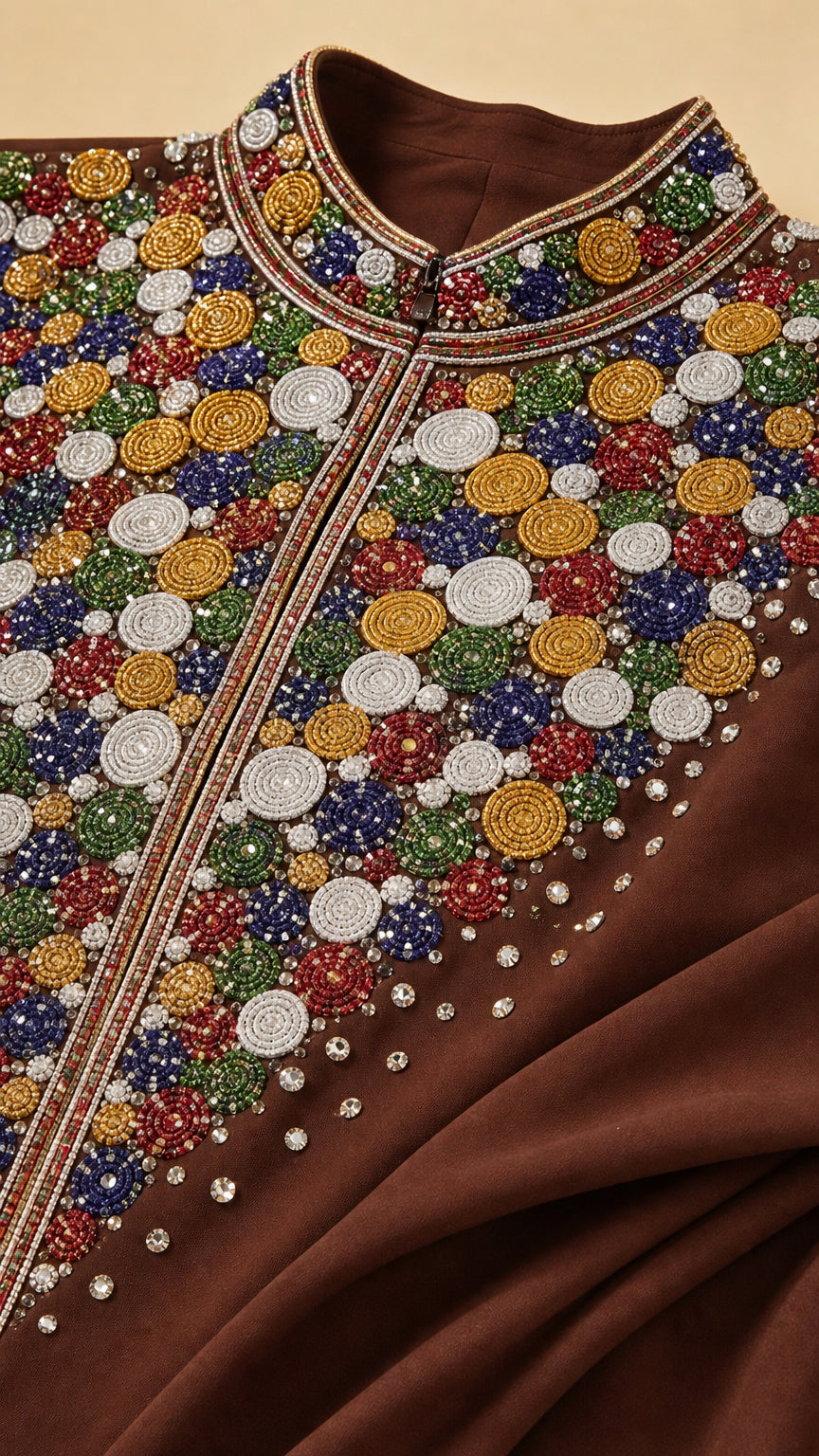 Close-up detail of colorful circular beaded embroidery and rhinestone accents on kaftan bodice