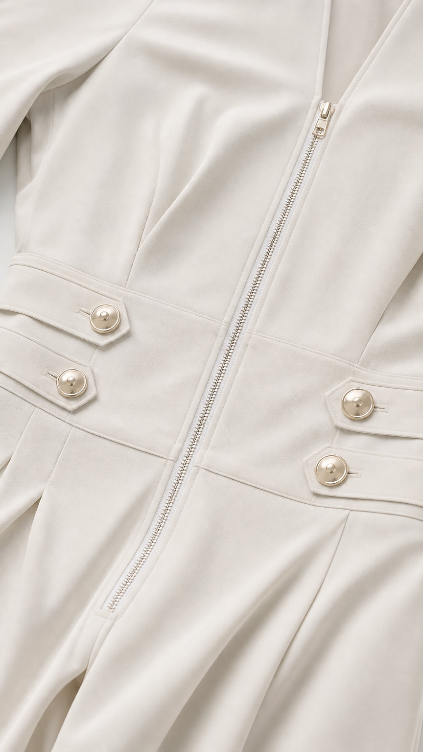 Close-up detail of cream jumpsuit metal zipper and buttoned waist tabs