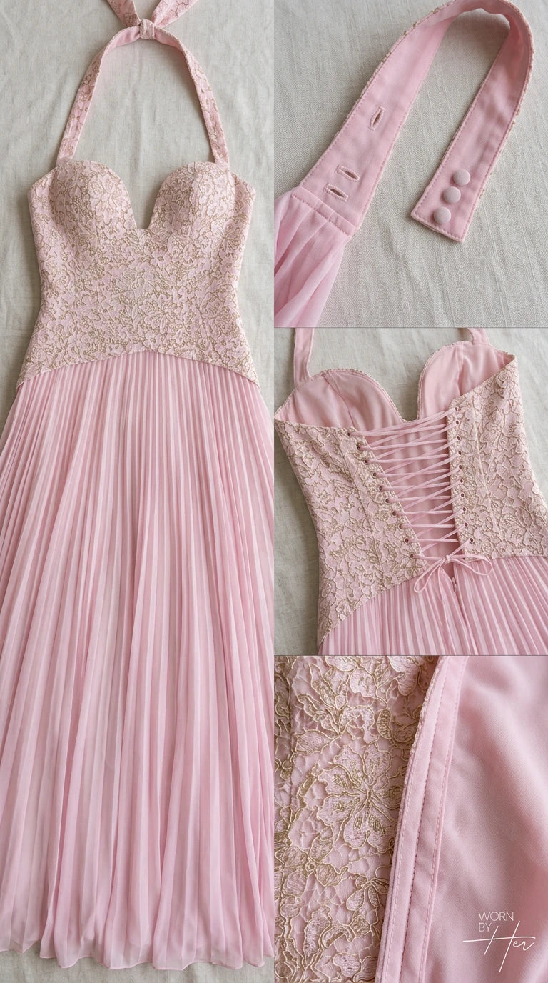 Close-up details of pink halter neck dress construction