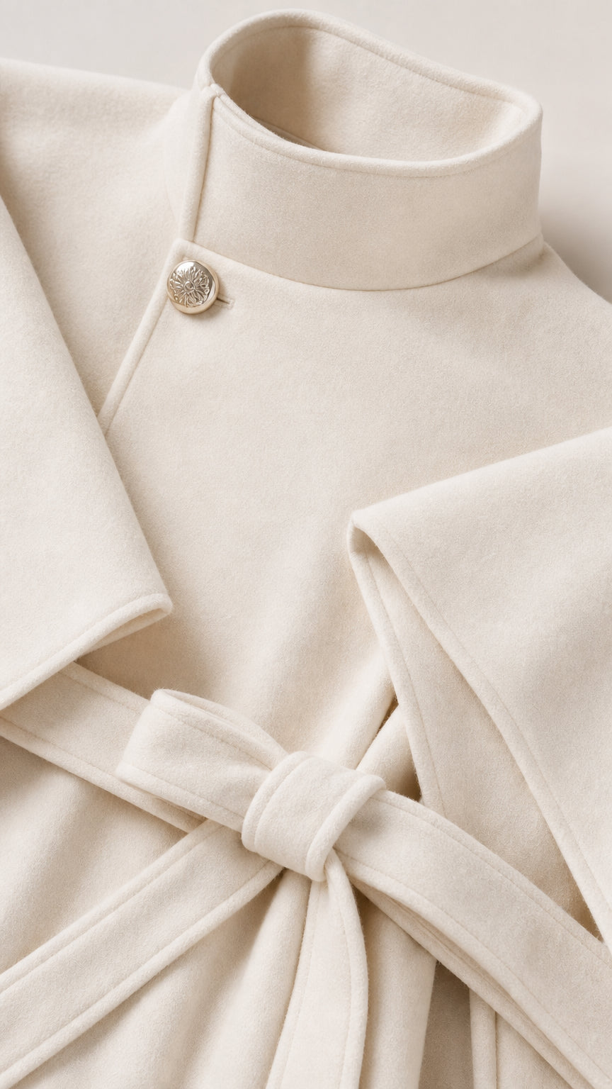 Close-up detail of high neck collar with metallic button and tie waist belt