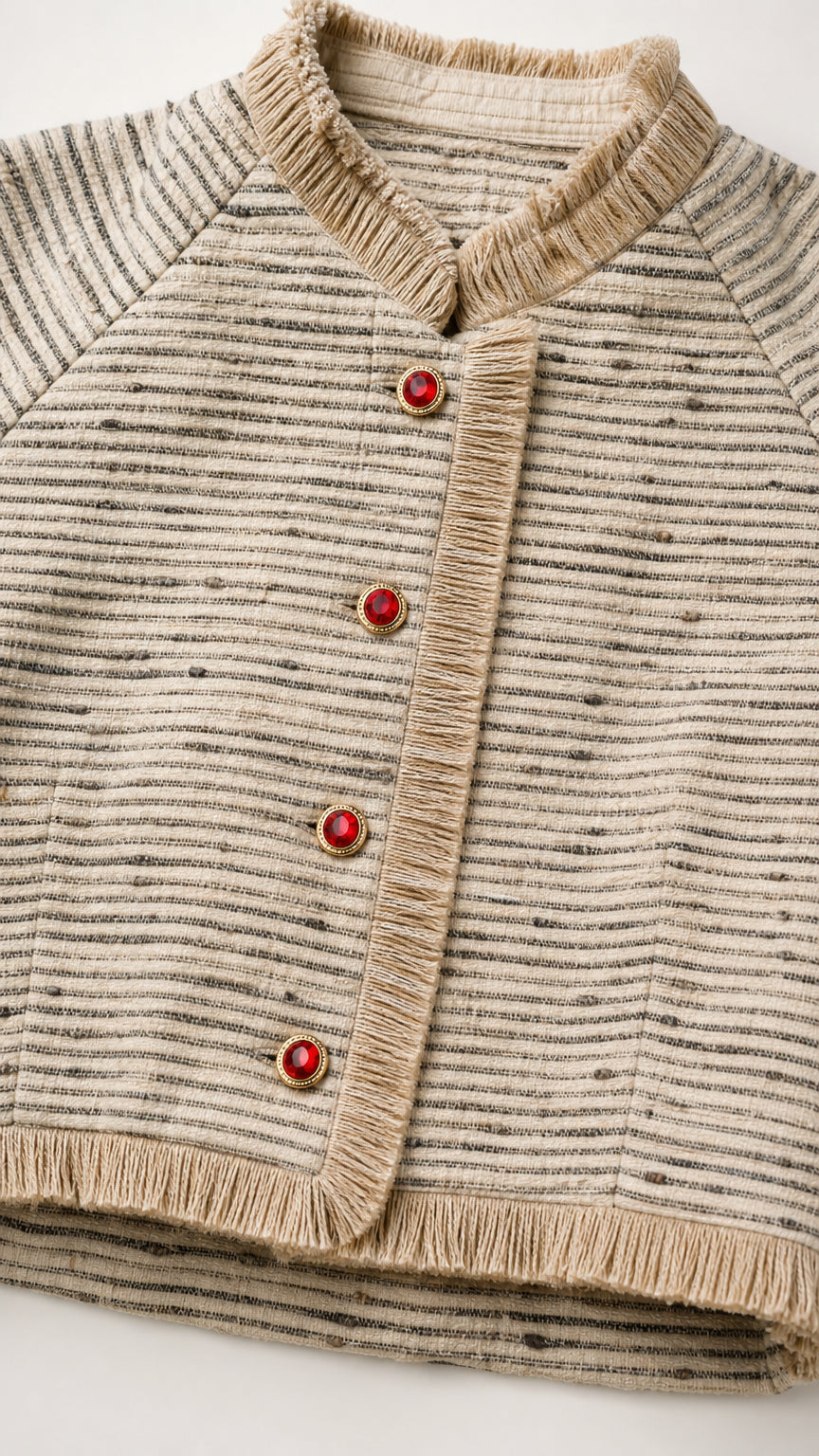 Close-up detail of beige tweed crop top button placket and collar