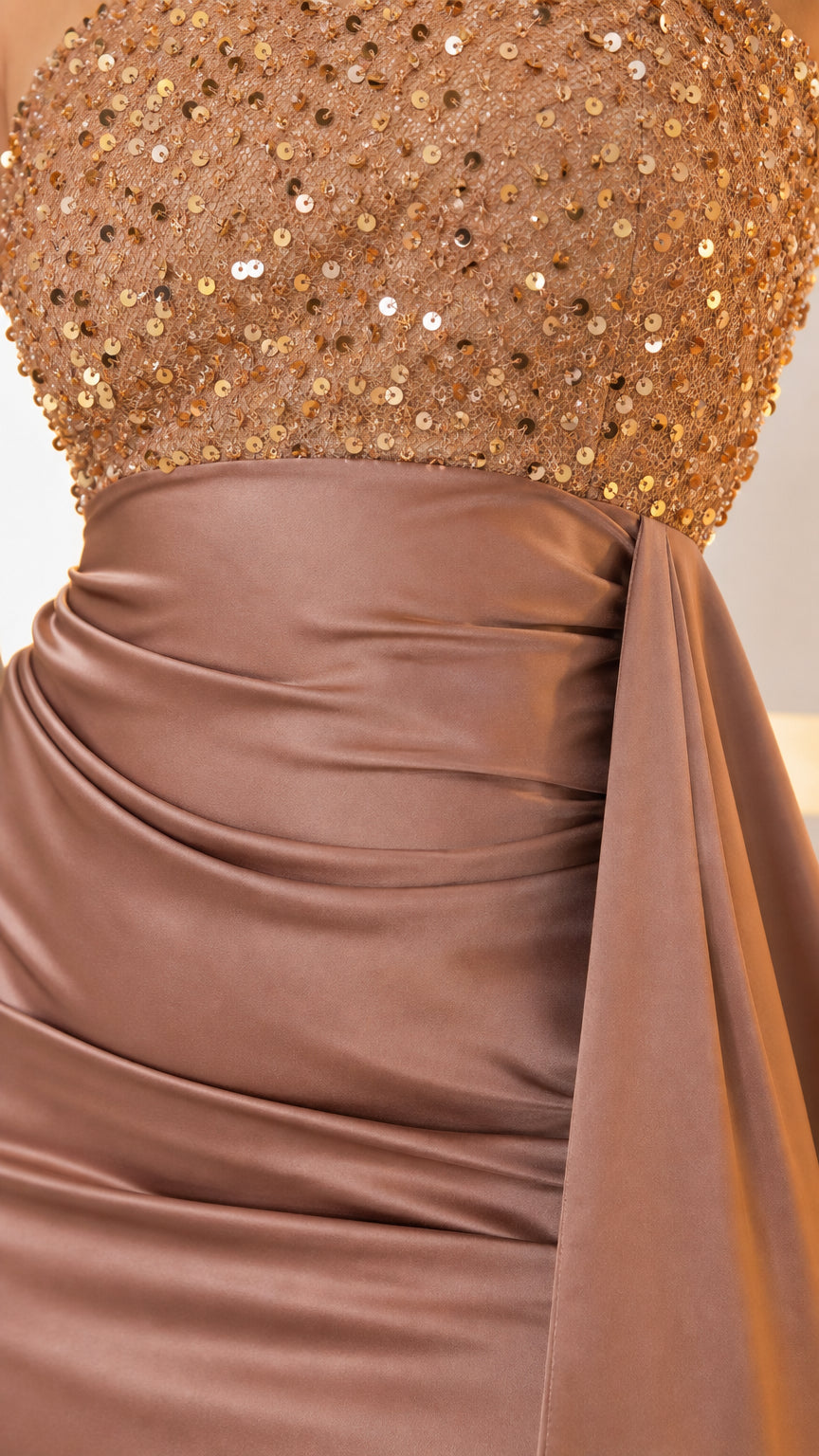 Close-up detail of mocha sequin bodice and gathered ruched satin waistband