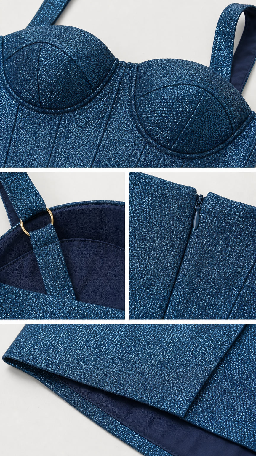 Close-up details of bodice, straps, zipper, and hem of blue shimmer midi dress