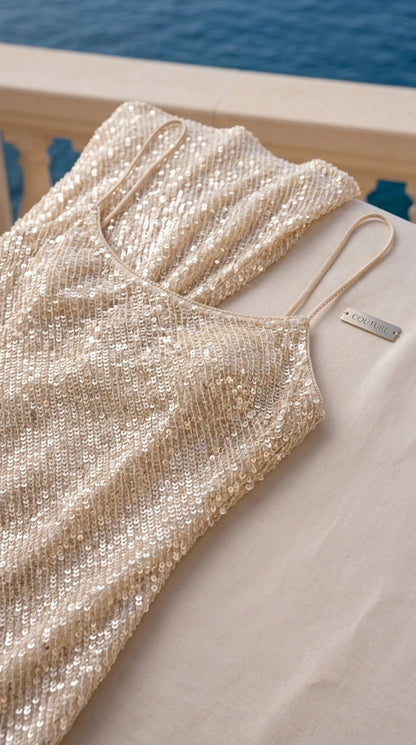 Close-up detail of champagne sequin fabric and straps
