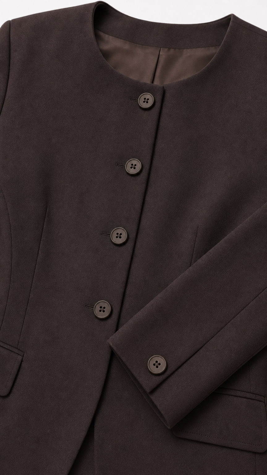 Close-up detail of dark brown crew neck button blazer