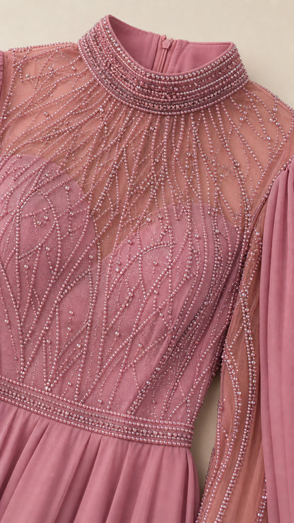 Close-up of beaded bodice and high neckline
