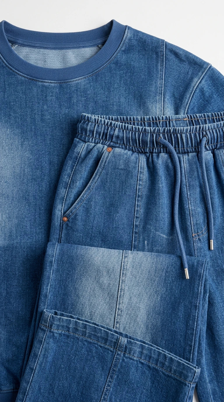 Close-up detail of the ribbed crewneck and drawstring waistband on the Denim Blue set