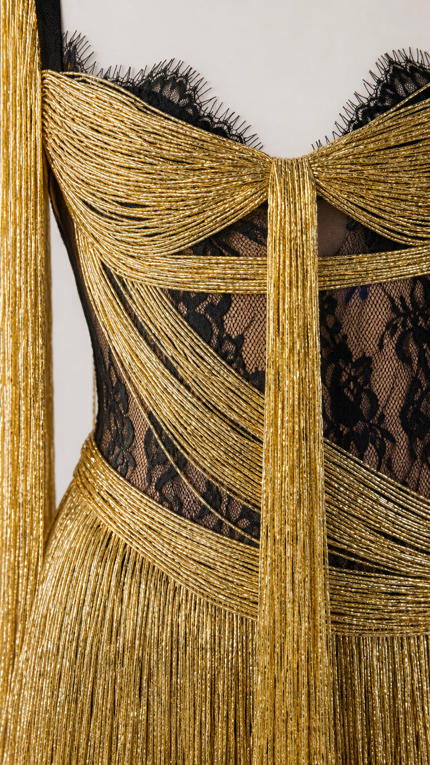 Close-up of the sweetheart neckline, lace panels, and gold fringe