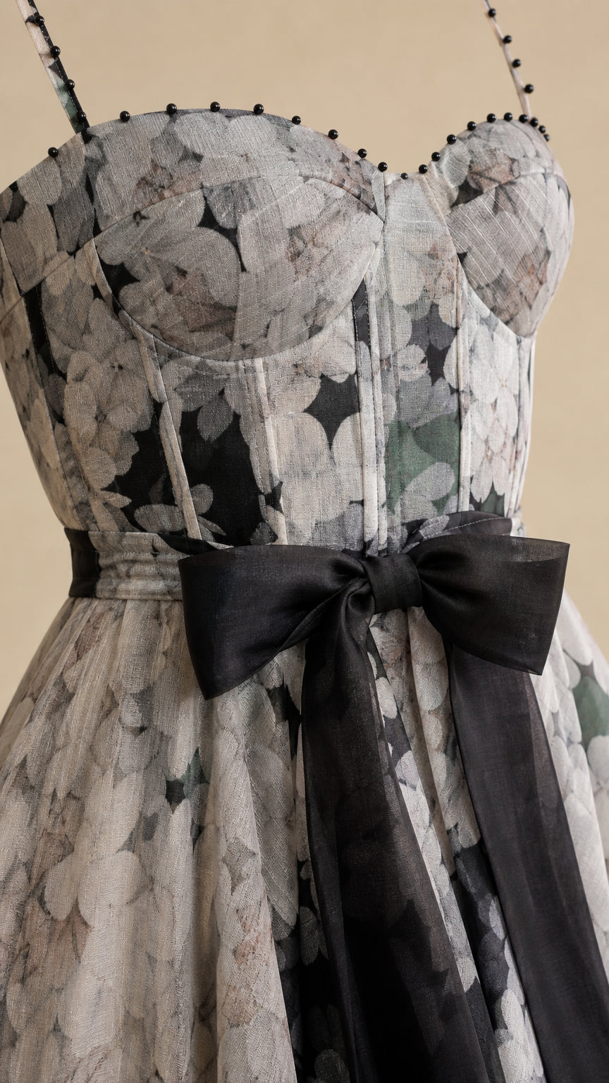 Close-up detail of sweetheart bodice, beaded straps, and satin bow