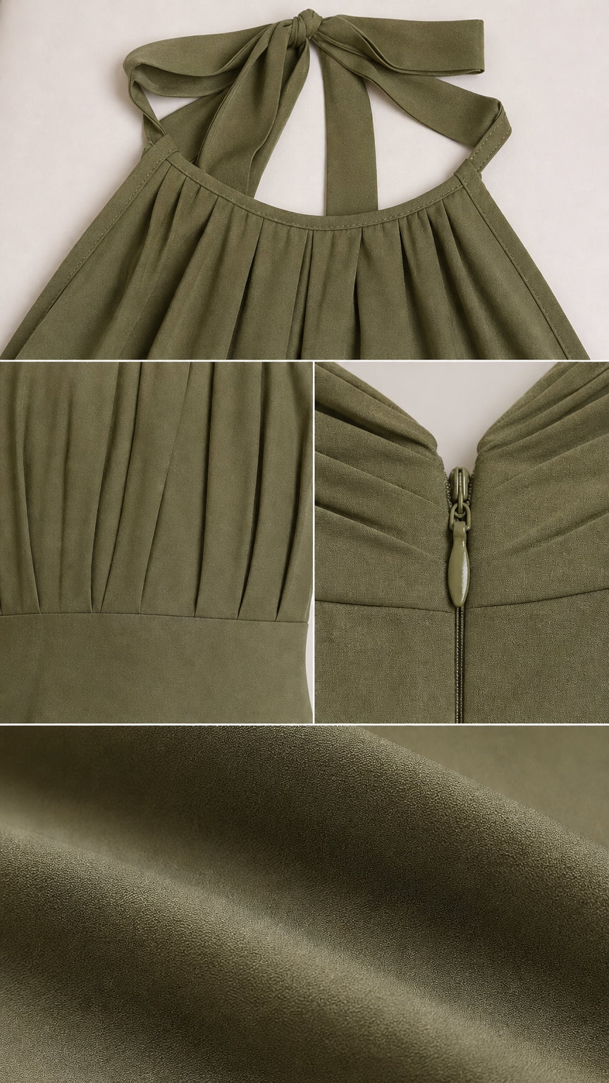 Close-up details of halter neck tie, pleating, zipper, and fabric