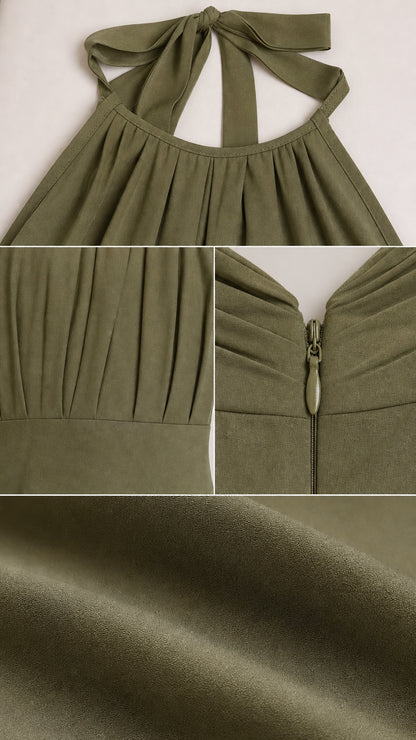 Close-up details of halter neck tie, pleating, zipper, and fabric