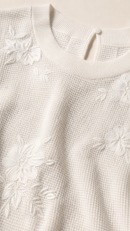 Close-up of textured knit fabric and floral embroidery detail