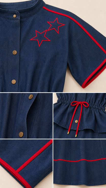 Close-up details of star embroidery, buttons, and contrast piping