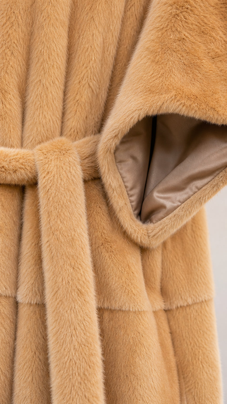 Close up of textured camel faux fur fabric and belt detail