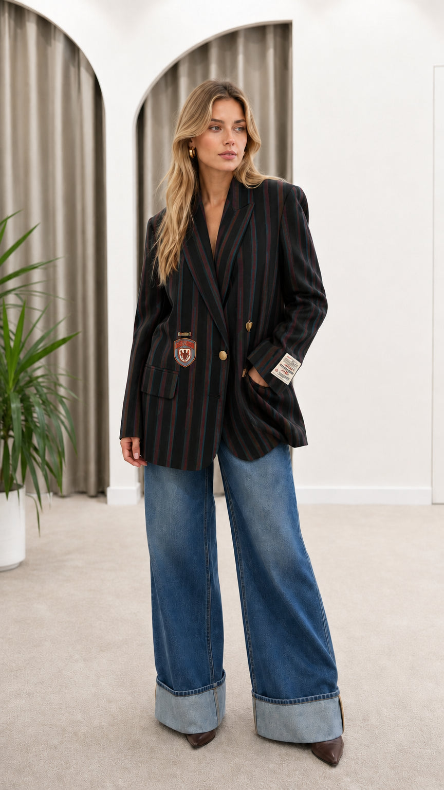 Model wearing Black Brown vertical striped tailored blazer with wide-leg jeans