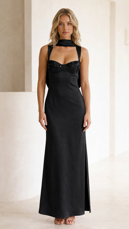 Front view of black satin sequin maxi dress