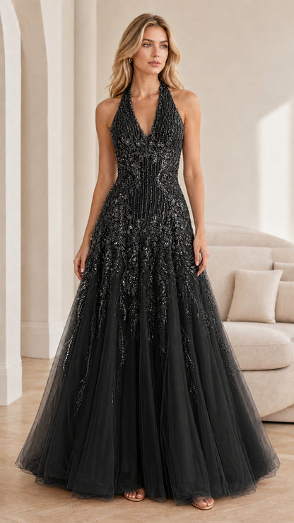 Front view of black embroidered halter evening gown