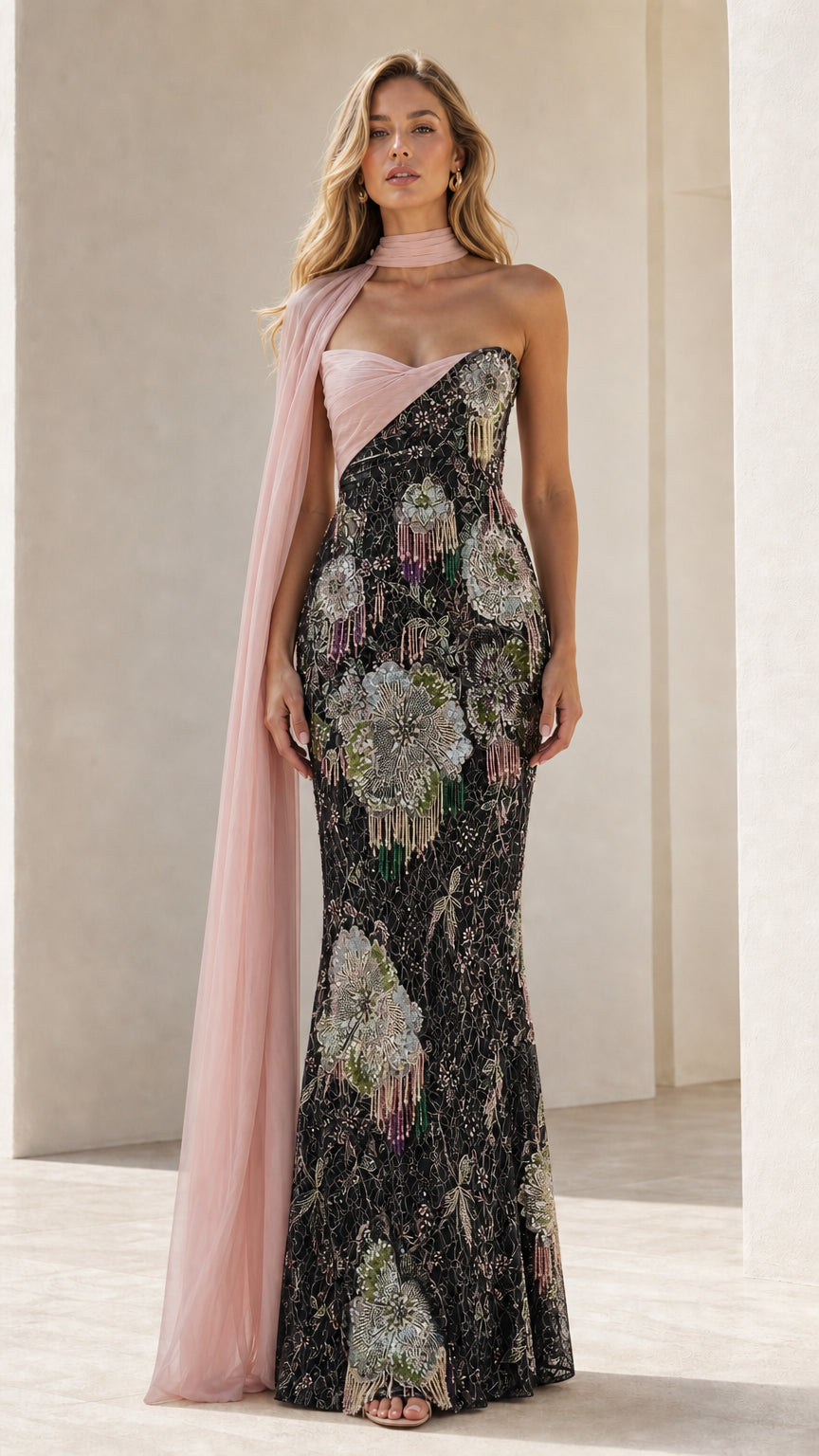 Front view of black floral beaded evening dress