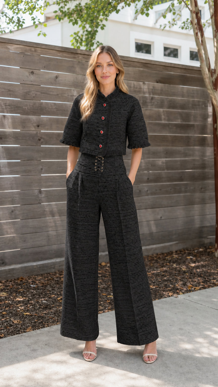 Front full view of black tweed two-piece set