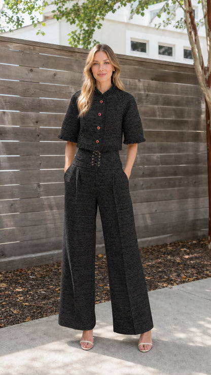 Front full view of black tweed two-piece set