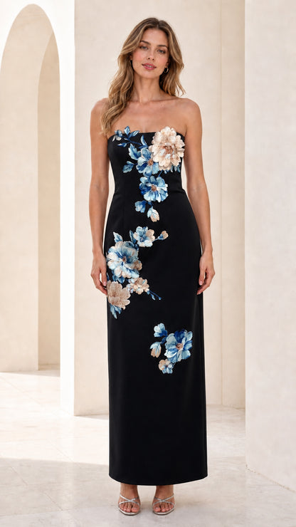 Black strapless maxi dress with floral appliques