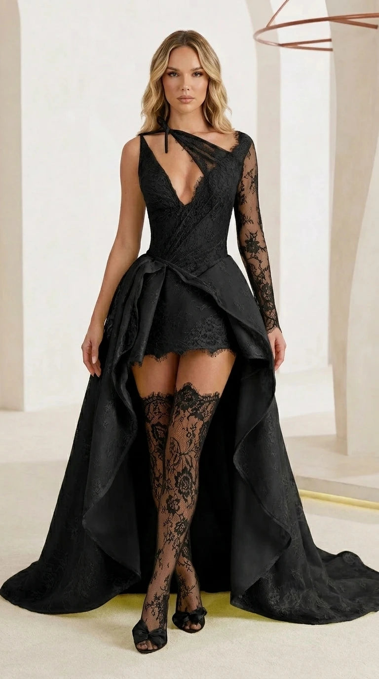 Front view of black color variant with matching stockings