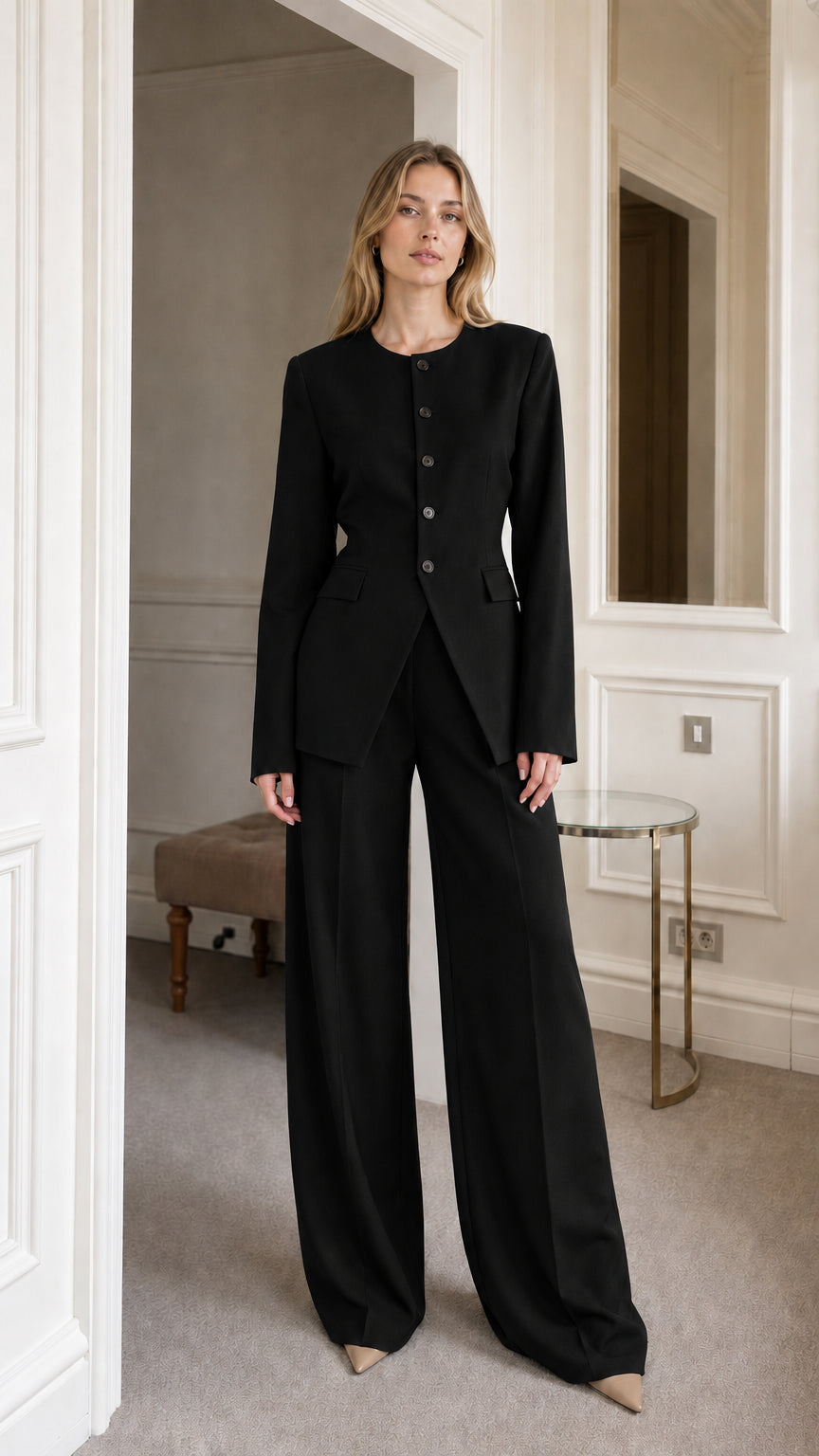 Full view of black professional blazer and trousers set