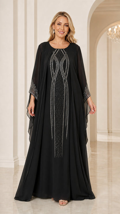 Black rhinestone embellished cape evening maxi dress front view
