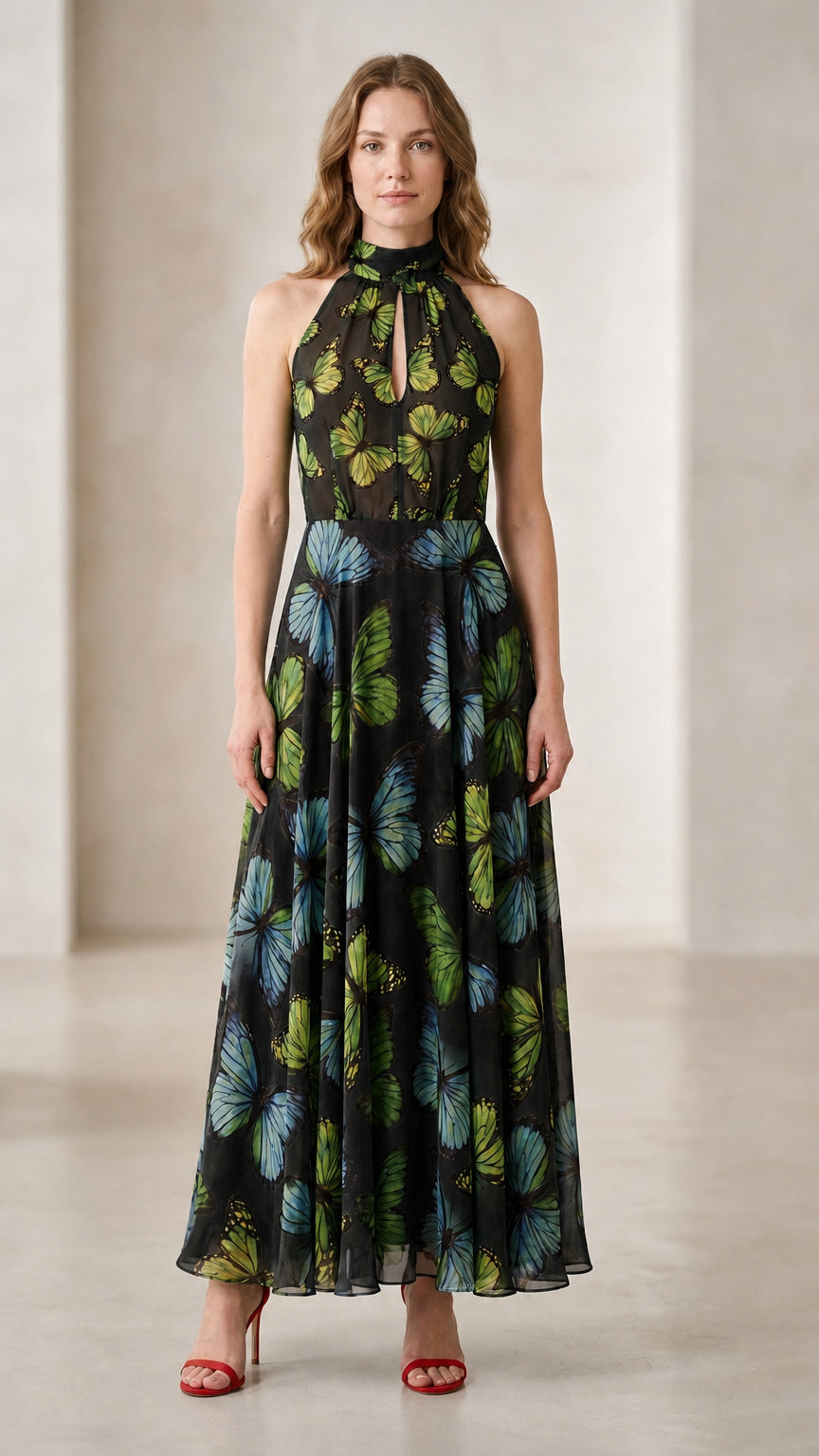 Front view of woman modeling black butterfly print halter maxi dress