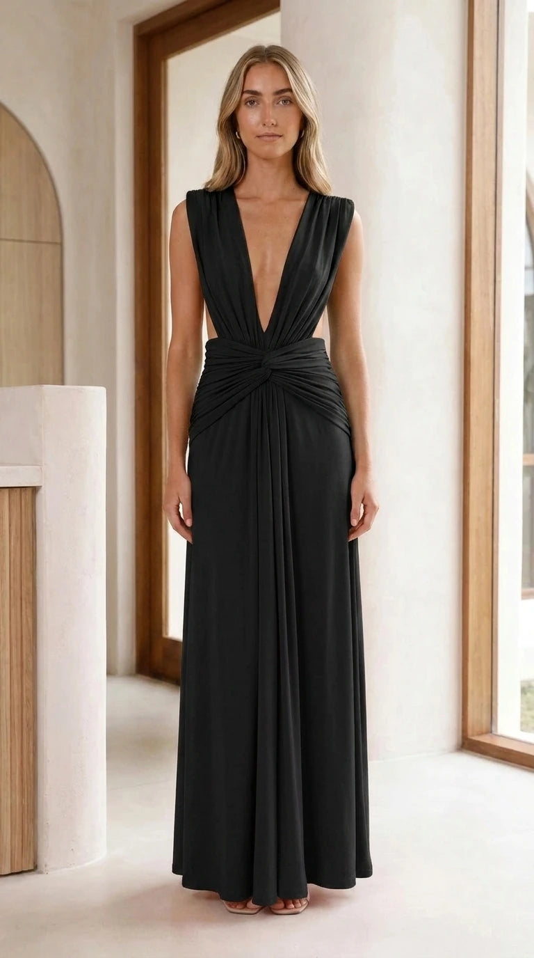 Front view of black plunging V-neck knot waist formal maxi gown