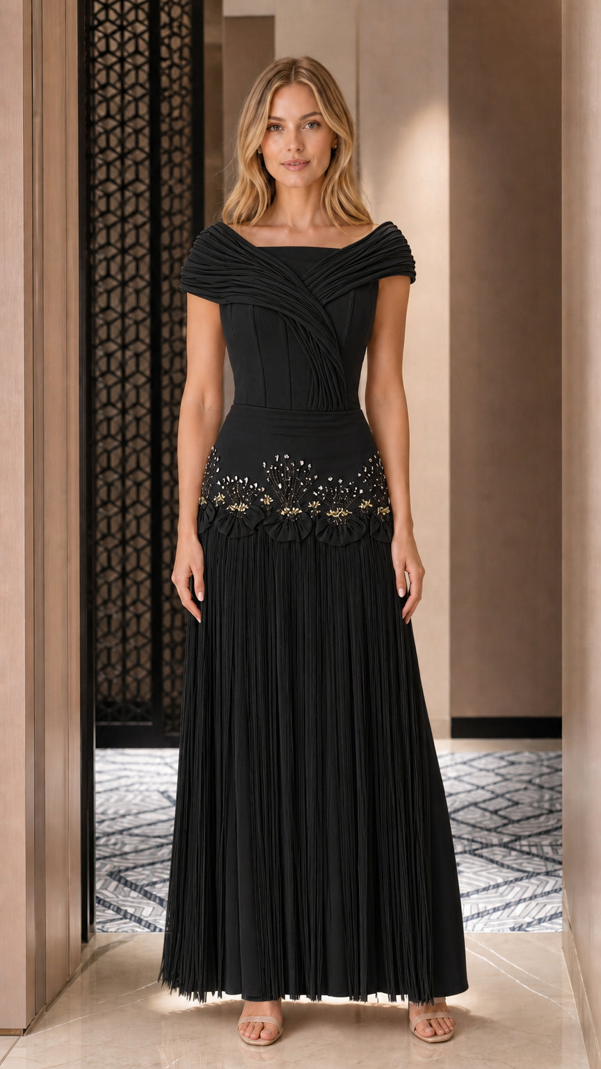 Front view of black pleated formal evening dress